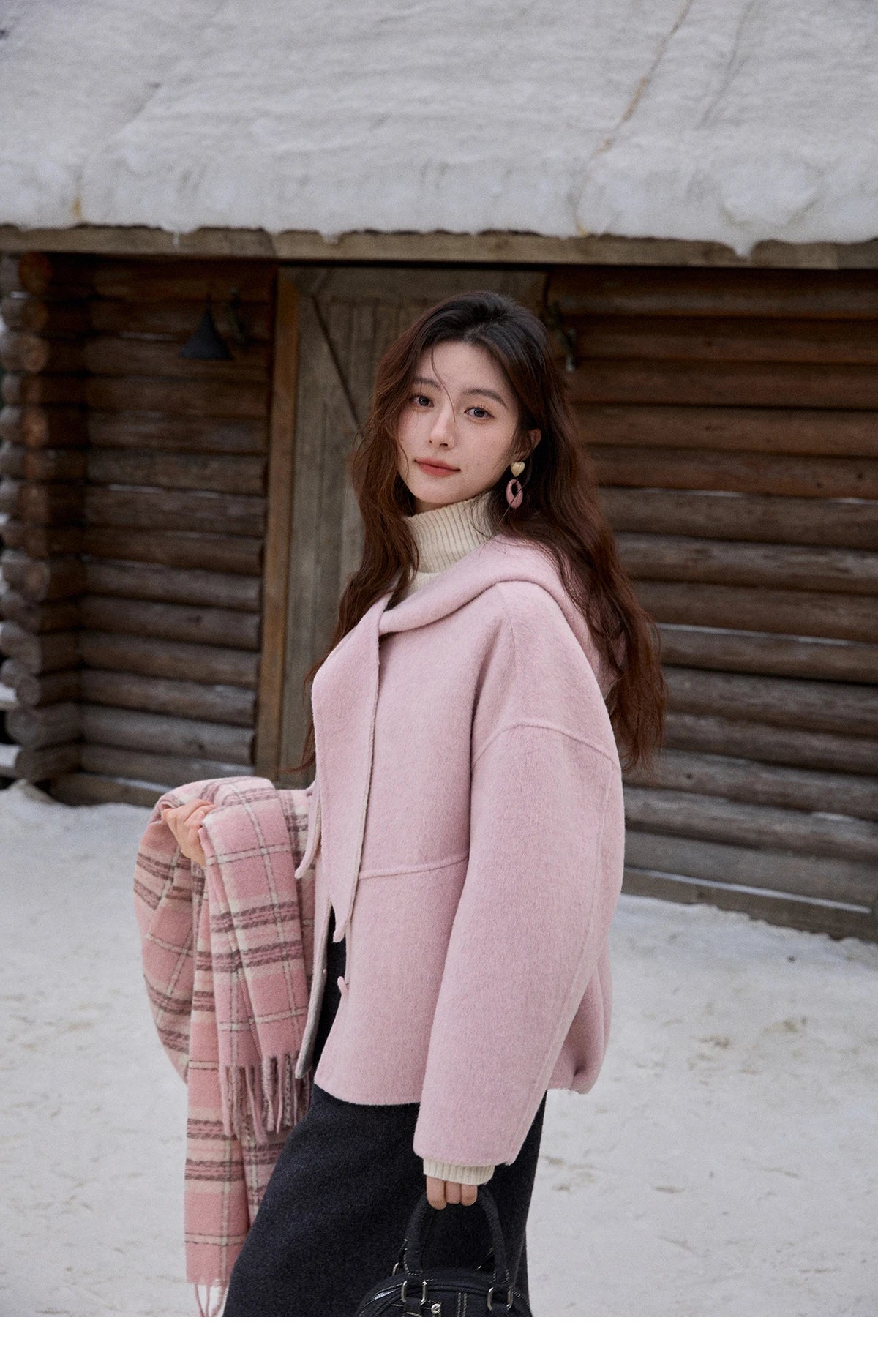 MISHOW Pink Wool Double-sided Woolen Coat Winter Hooded Bow Tie Strap Coats Loose Dropped Sleeves Coat Office Lady MXE91W1010