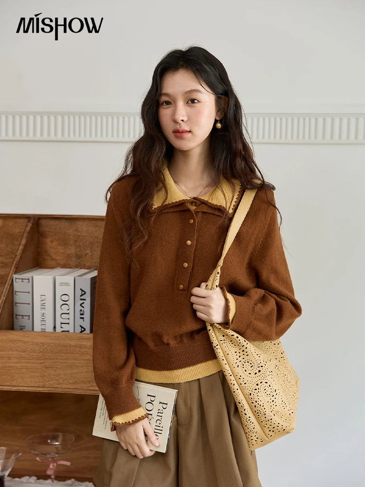 MISHOW Elegant Women's Sweaters 2025 Autumn Designer Knitted Double-layer Turn-down Collar Loose Long Sleeves Tops  MXE45Z2502