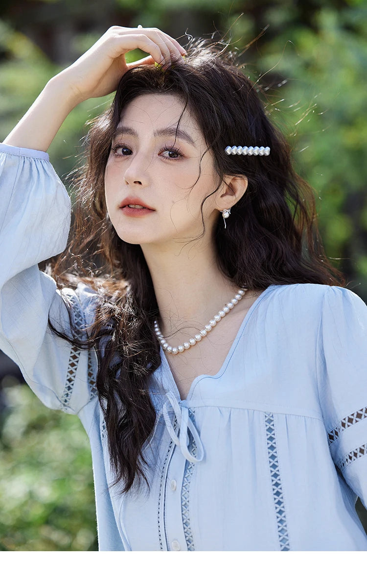 MISHOW French Sweet Loose Blue Shirt for Women 2025 Spring Summer V-neck Lace-up Hollow Doll Shirt Lantern Sleeve Top MXE12C0411