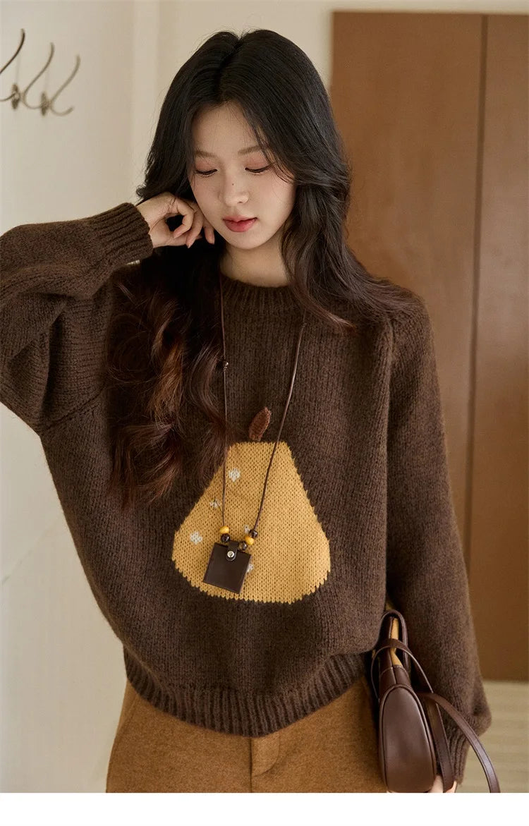 MISHOW Pear Pattern Jacquard Knitted Sweater Autumn Winter Crew Neck Loose Sweaters Wool Blend Warm Pullover Tops MXE94Z2959