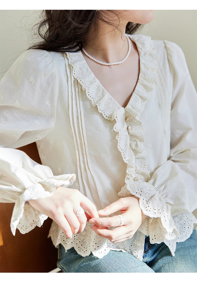 MISHOW Spring New French Shirts for Woman 2025 Long Sleeve V-neck Solid Loose Blouses Women Fashion Versatile Tops MXE14X1732