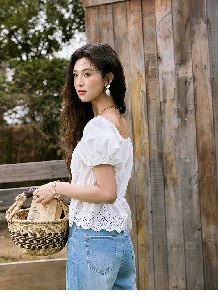 MISHOW French Summer Casual Blouses 2025 Solid Short Puff Sleeve Hem Hollow Cotton Tops Loose Collar Beading Blouse MXE33X1776