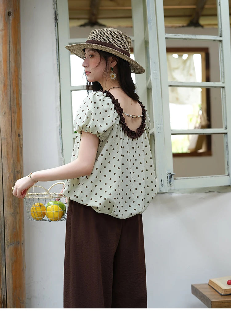 MISHOW 2025 Summer Women's Two Piece Set Polka Dot Puff Sleeve Top Casual Pocket Wide Leg Pants Set Female Clothing MXE39T0657