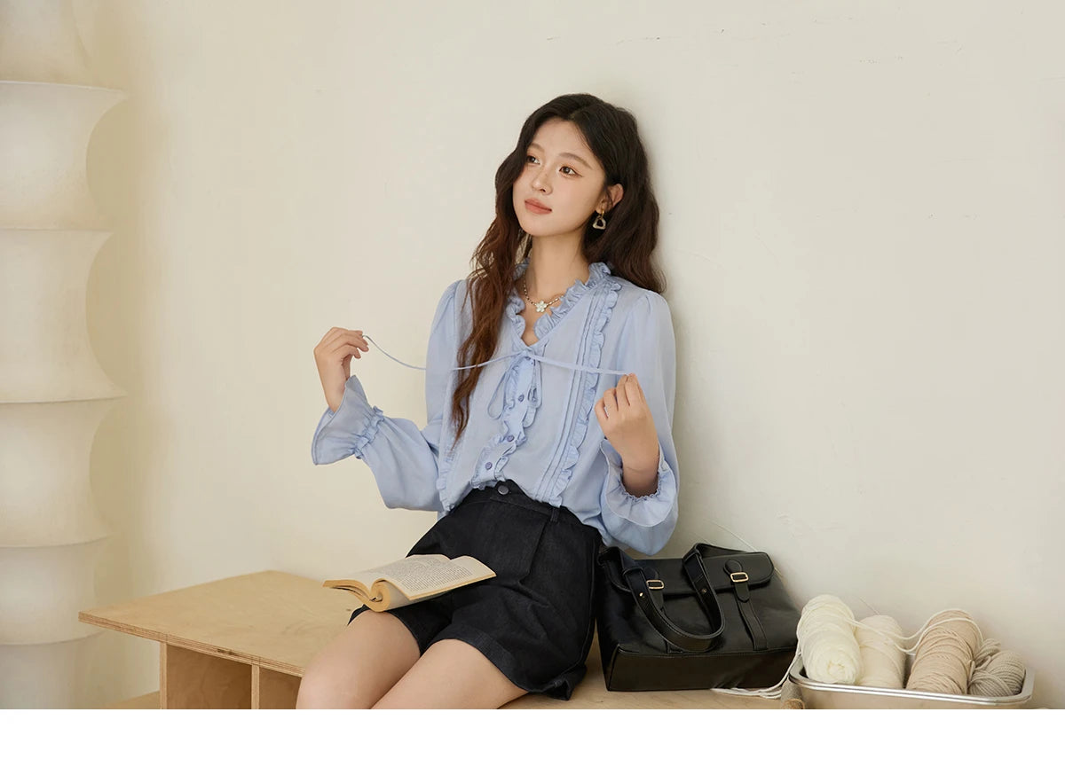 MISHOW 100% Lyocell Women's Blue Shirt 2025 Autumn French Ruffles Long Sleeves Ties Blouse Office Lady Elegant Top MXE45X2484