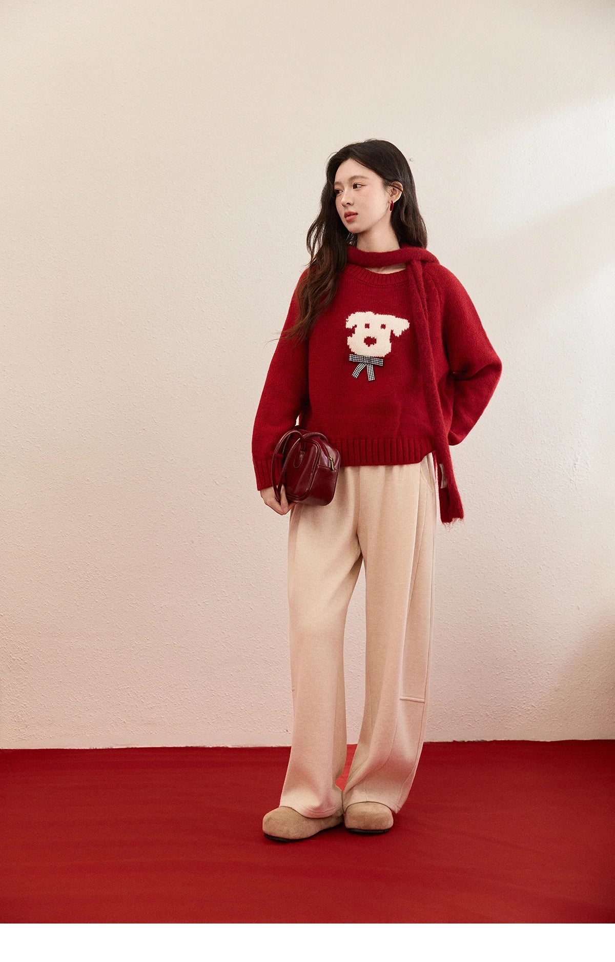 MISHOW New Year Women's Puppy Jacquard Crew Neck Knit Sweater 2026 Spring Loose Casual Red Sweater Excluding Scarf MXE93Z2932