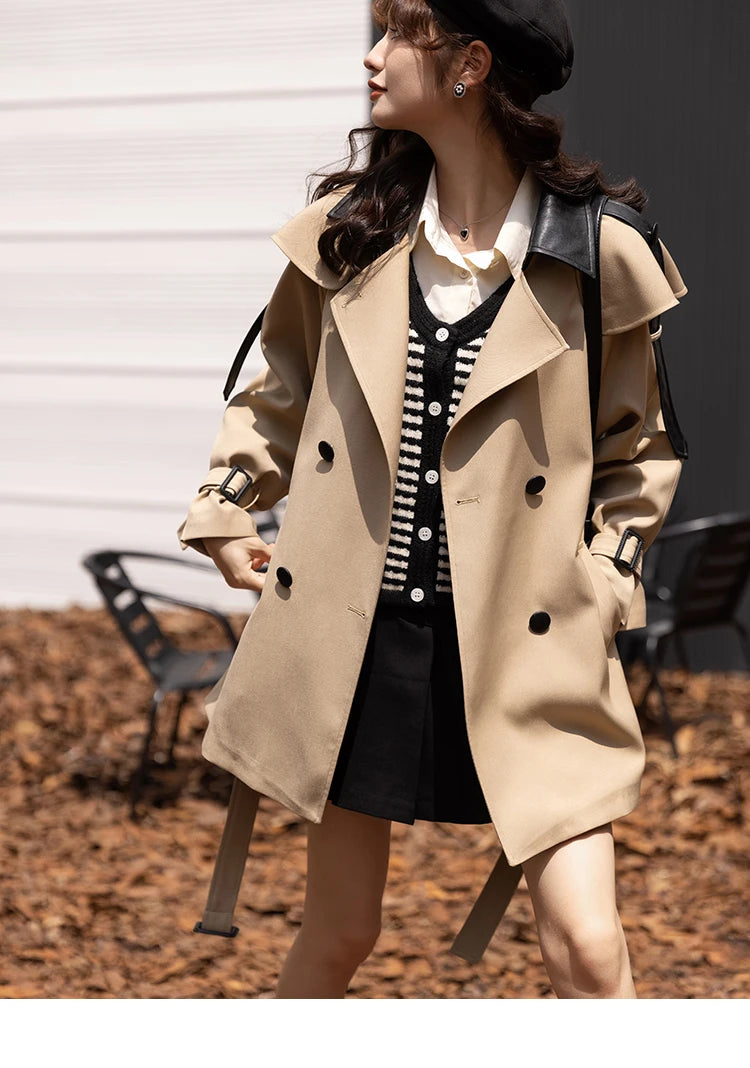 MISHOW Trench Coats for Women Autumn Korean Office Lady Polo Collar Patchwork Long Mid-length Jacket Female Outerwear MXB33W0399