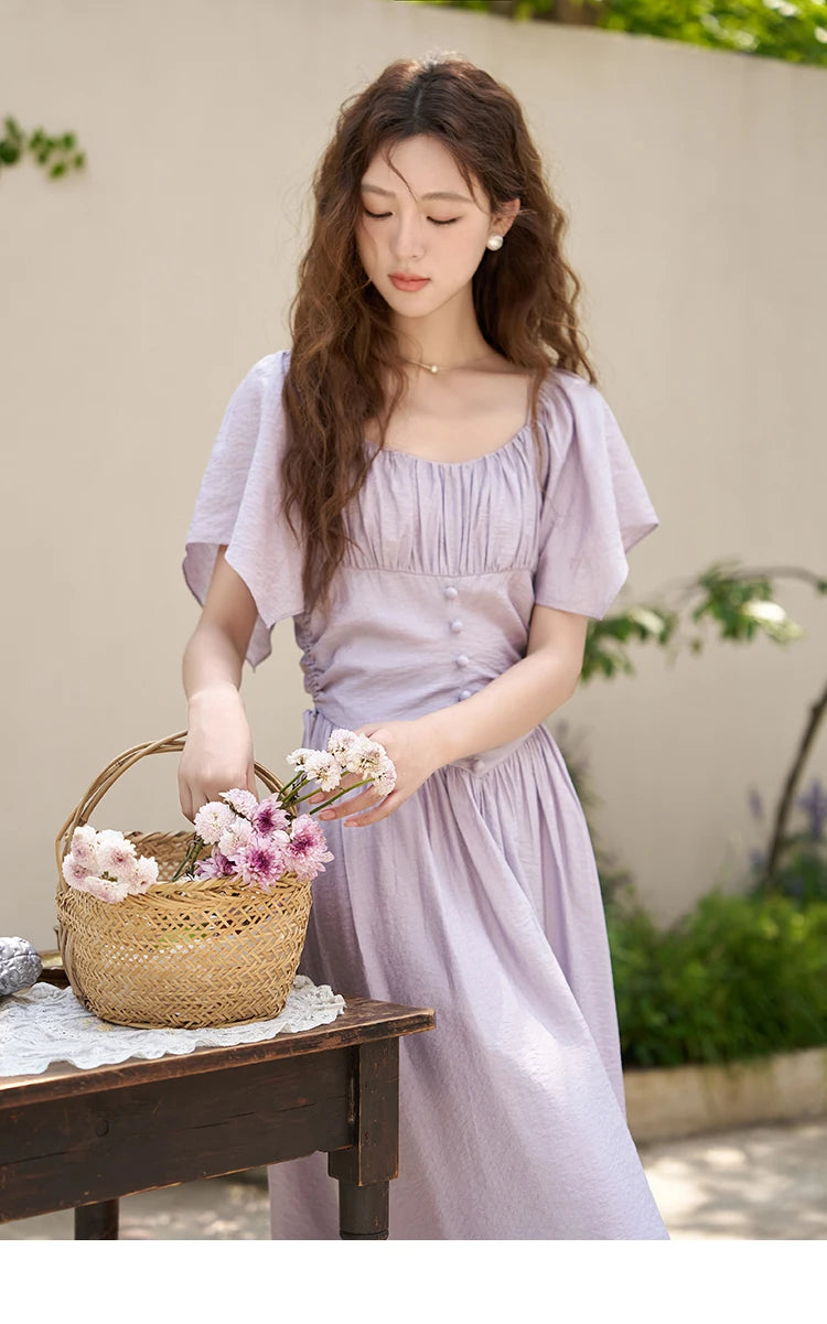 MISHOW Women's Elegant Dress 2023 Summer French A-LINE Butterfly Sleeve Square Collar Solid Lace-up Waist Dresses MXC38L1407
