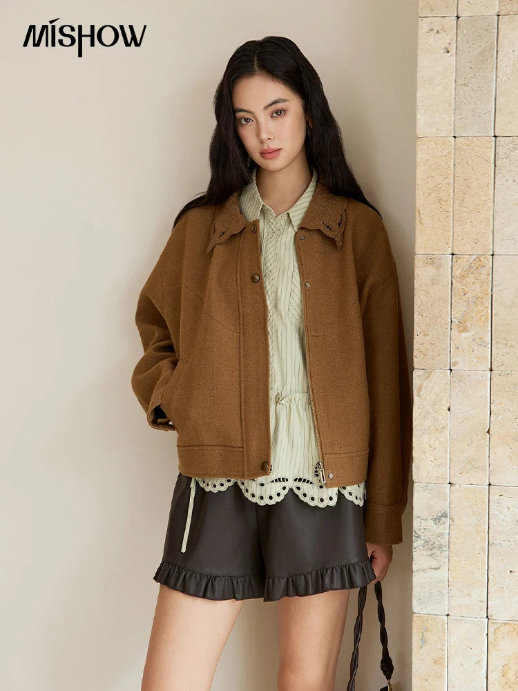 MISHOW Brown Woolen Coat for Women 2025 Winter Hollow Out Embroidery Turn Down Collar Retro Short Loose Casual Coat MXE49W0856