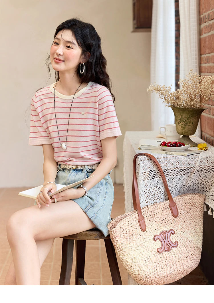 MISHOW Striped Knitted T-shirt for Women Summer 2025 Color Contrasting Round Neck Tees Wool Blended Slim Casual Top MXE35Z1270