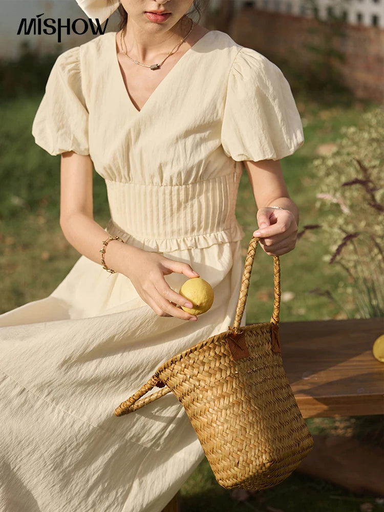 MISHOW French Summer Dresses Women 2025 New Short Puff Sleeve V-neck Solid Cotton Blended Dress Female Slimming MXE34L2288
