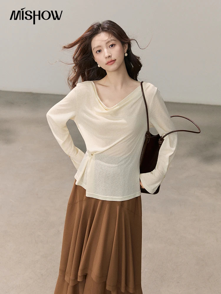 MISHOW Women's Multi Colored Knitted Top 2026 Spring Swinging Collar Flare Sleeve Top Side Twist Whist Casual T-Shirt MXF13T1473