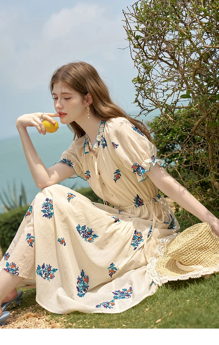 MISHOW French Romantic Dress 2024 Summer Women Embroidered Flower Fairycore Dresses Elastic Waist Drawstring Dress MXD24L1835