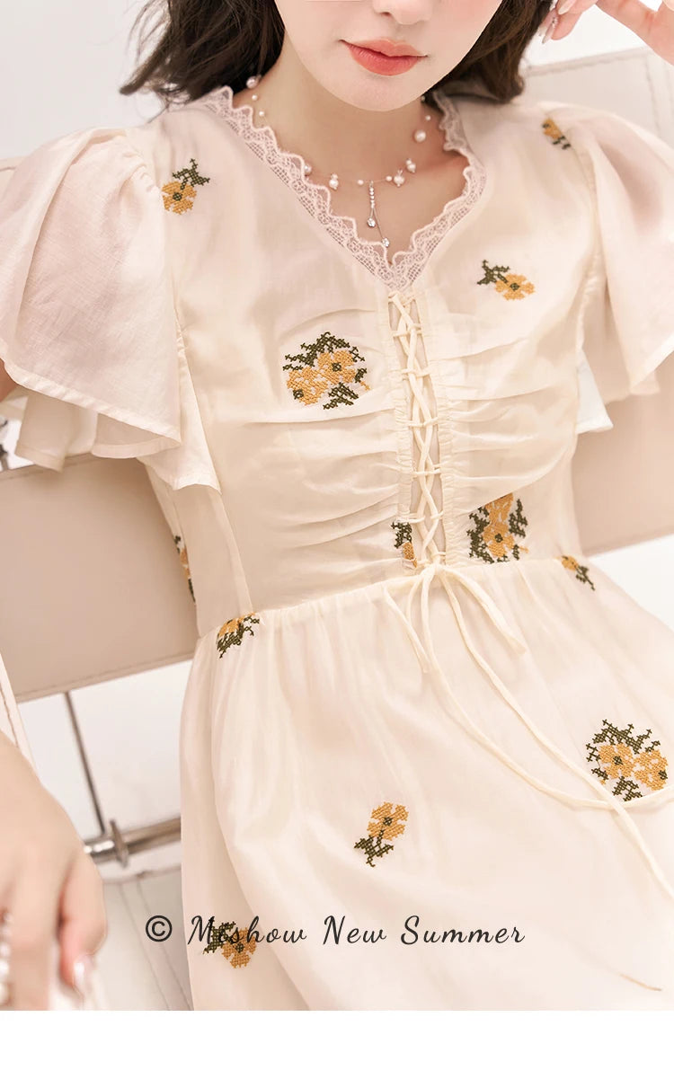 MISHOW [Van Gogh/Sunflower Collection] Embroidered Dress 2023 Summer Sweet Butterfly Sleeve V Neck Lace Splice Dress MXC39L1524