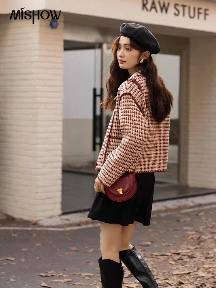 MISHOW Elegant Plaid Wool Blend Short Coat for Women 2024 Autumn Winter Jackets Female Warm Fashion New Outerwears MXB42W0479