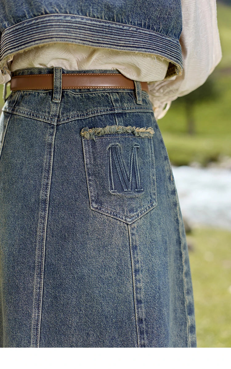 MISHOW Washed Hem Fringed Denim Midi Skirt 2024 Autumn Commuting Versatile A-line Long Skirt Retro Blue Casual Skirts MXD41B0453