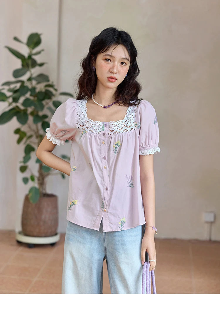 MISHOW Women's Lace Patchwork Embroidered Blouses 2025 Summer Korean Elegant Square Collar Blouse Short Sleeved Tops MXE36X1830