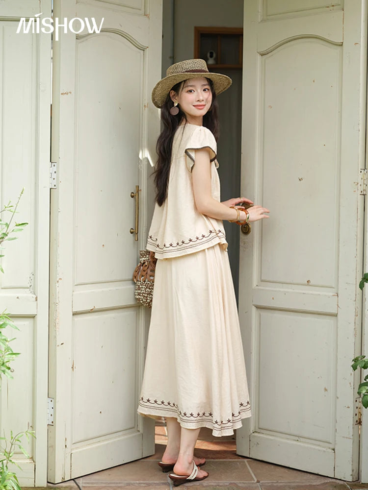 MISHOW Women Two Piece Set 2025 Summer Female Embroidery Flying Sleeve Lace Spliced Top Loose Elastic Waist Skirt Set MXE39T0667