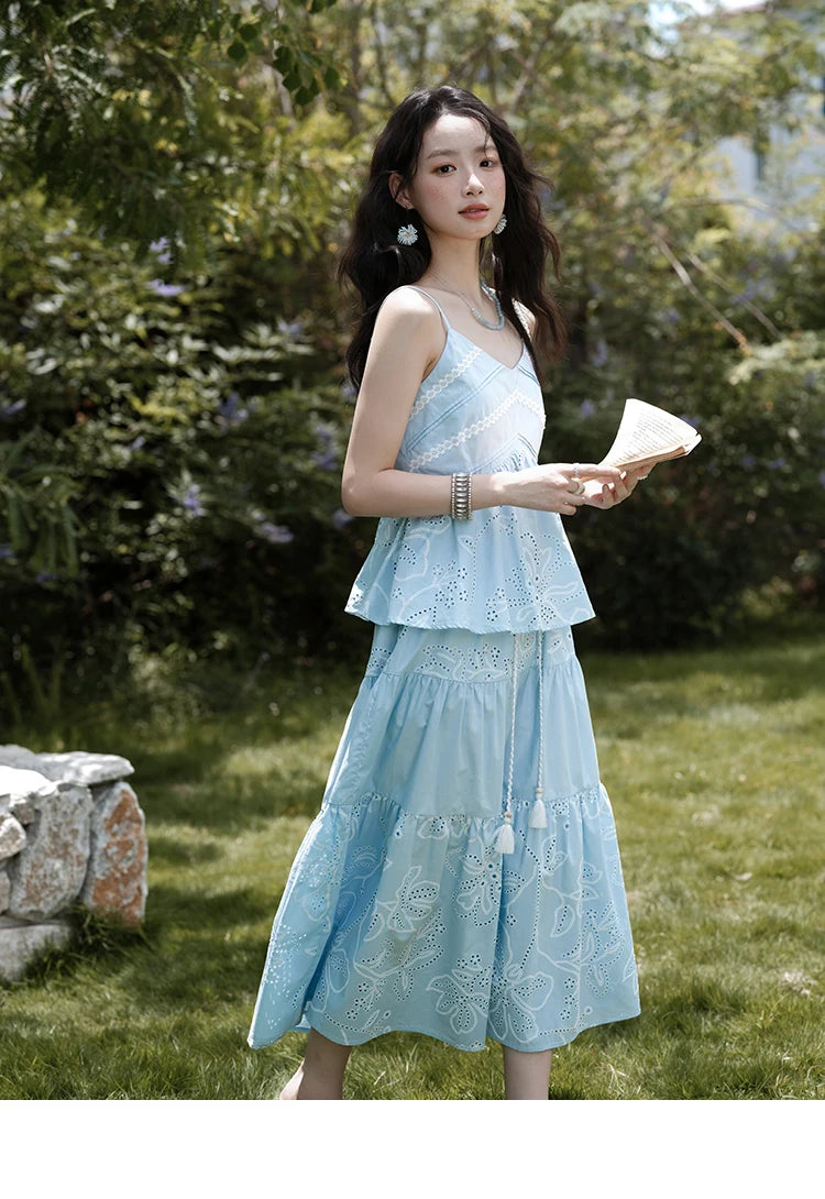 MISHOW Woman 2 Pieces Set 2025 Summer Ladies Fashion Strap V-neck Top Embroidery Flower Hollow Out Drawstring Skirt MXE34T0624