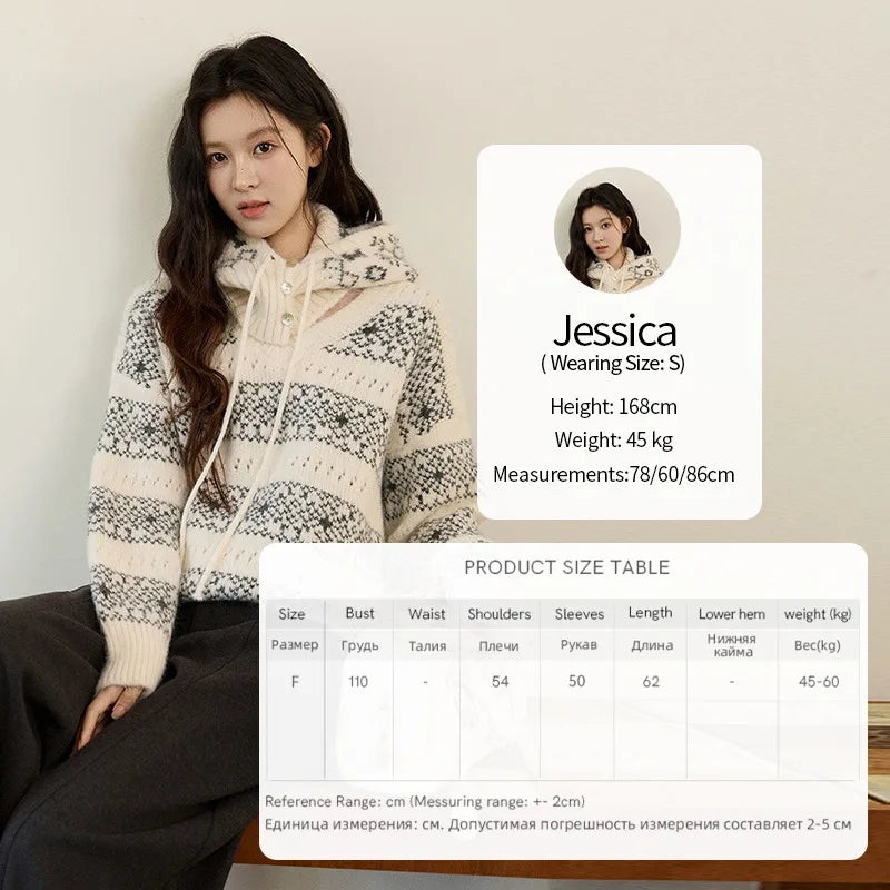 MISHOW Women's Fair Isle Knitted Sweater 2025 Winter V-neck Wool Blend Casual Tops Removable Hood Warm Loose Sweaters MXE94Z2979