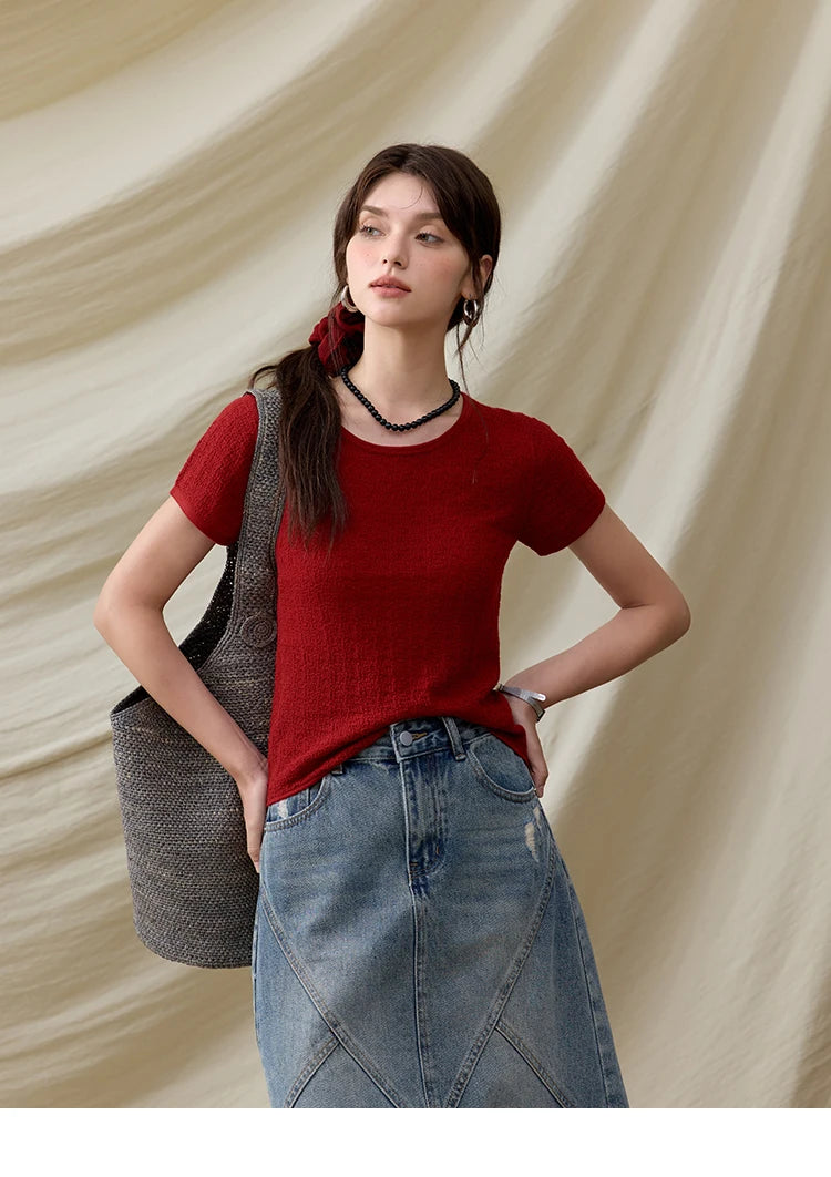 MISHOW Office Lady Women’s T-shirts Summer 2025 Short Sleeve Round Neck Solid Slimming Knitted Shirt Female Fashion MXE34Z1257