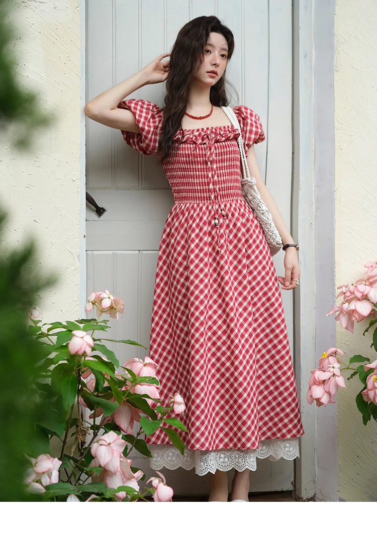 MISHOW Women's Retro Red Plaid Dress 2025 Summer New Square Neck Lace Up Hollow Out Spliced Dresses Women's Clothing MXE39L2324