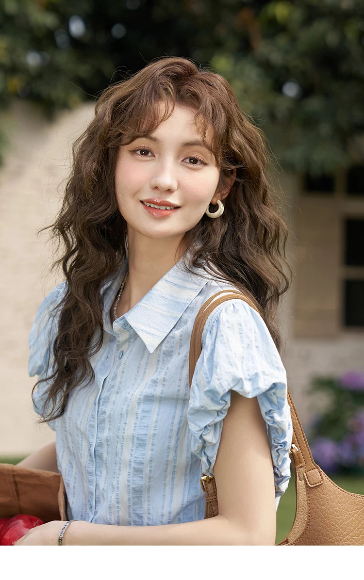 MISHOW Blue Striped Short Sleeve Shirt for Women Summer 2025 Bubble Flower Bud Sleeves Lapel Neck Shirt with Tube Top MXD24C0204