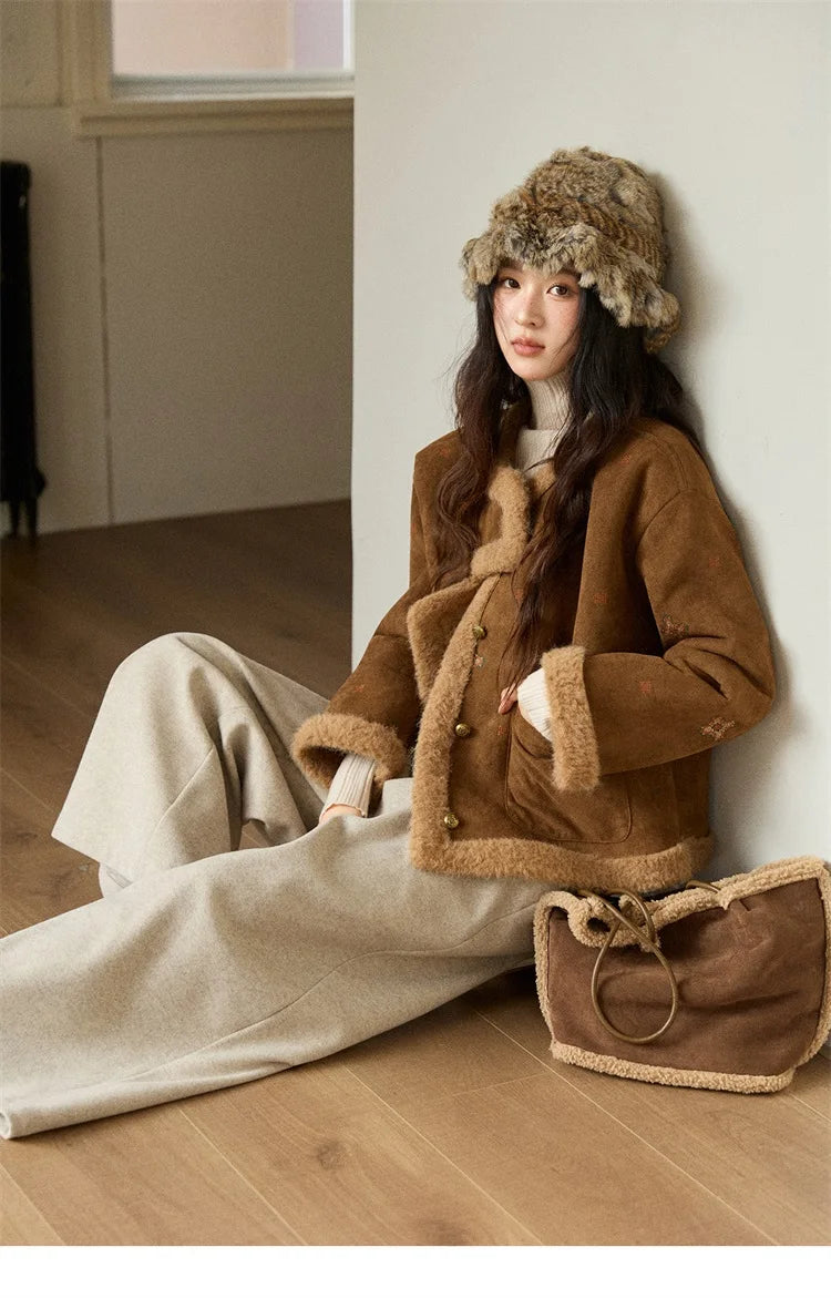 MISHOW Women Brown Jacket 2025 Winter Retro Stand Collar Single-Breasted Windproof Coat Comfortable Long-Sleeve Coat MXE86W0910