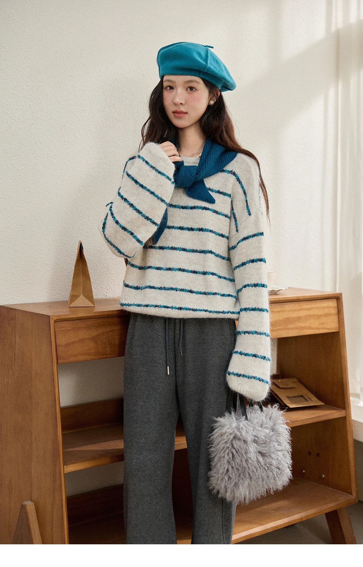 MISHOW Women's Blue Striped Sweater 2025 New Alpaca Wool Shawl Scarf Set Retro Loose Casual Knit Top Winter Clothes MXE90Z2821