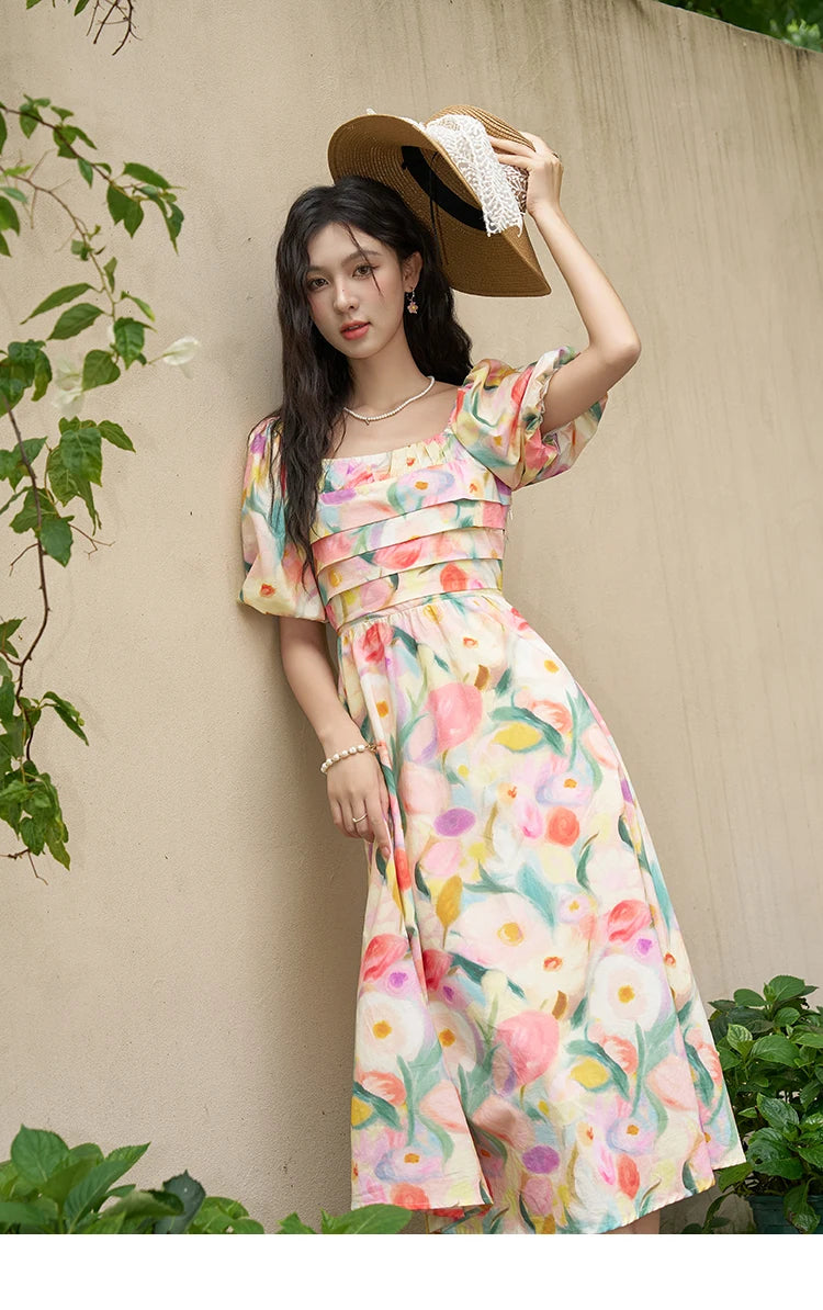 MISHOW French Tulip Fragmented Flower Dresses for Women 2024 Summer Beach Vacation Puff Sleeve Sweet Elegant Dresses MXD28L1896