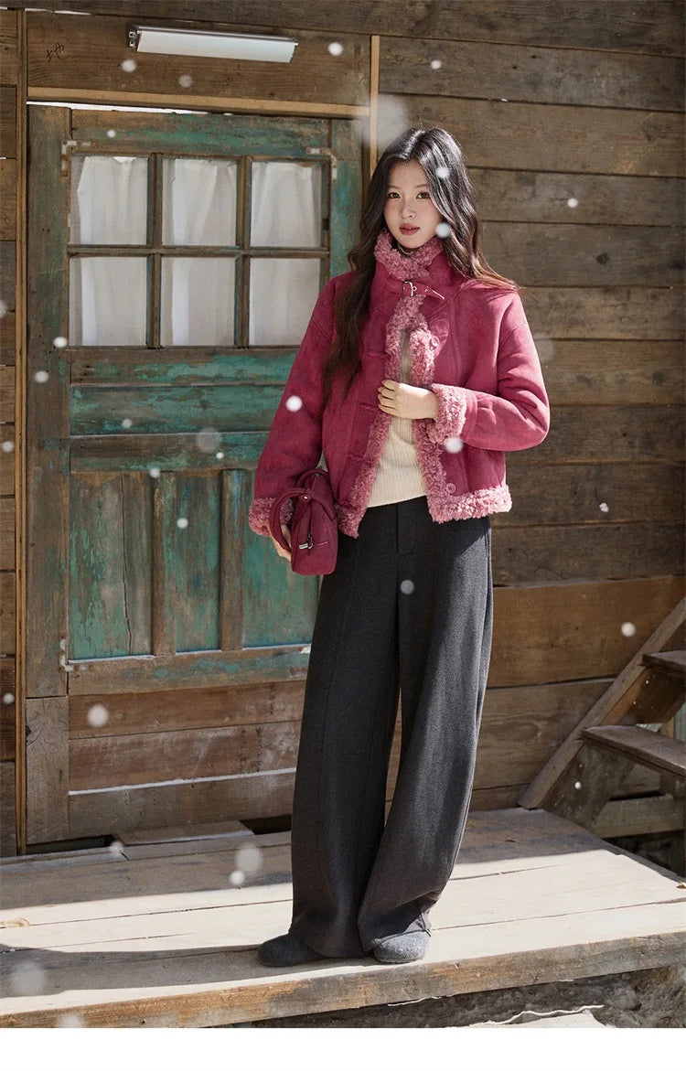 MISHOW Women's Dragon Fruit Red Suede Patchwork Coat 2025 Winter Color Block Stand Collar Thickened Short Outerwear MXE87W0942