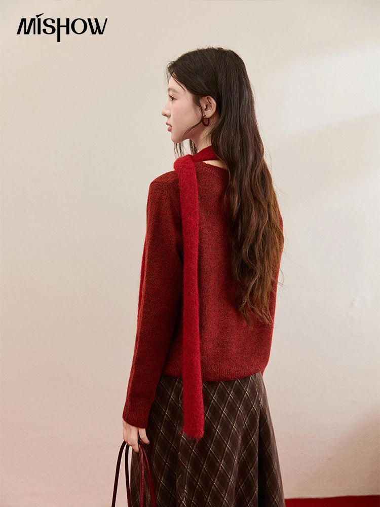 MISHOW Women's Christmas Red Jacquard Embroidered Pony Sweater 2025 Winter Thick Knitted Tops (Scarf Not Included) MXE94Z2861