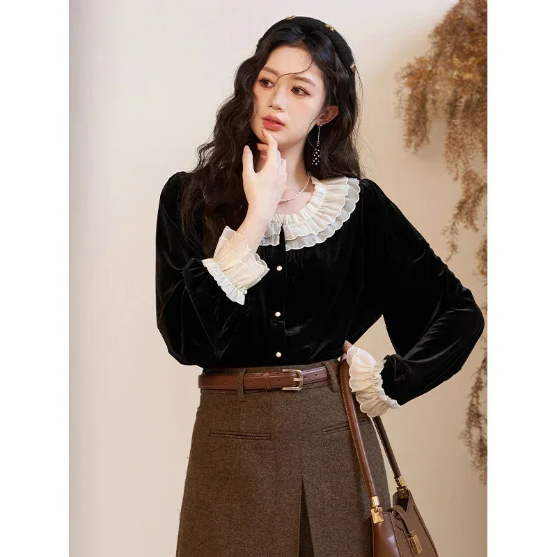 MISHOW French Retro Velvet Blouses for Women 2025 Autumn Winter Button Down O Neck Korean Long Sleeve Shirt Tops MXC51X1323