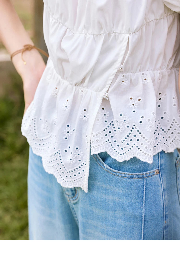 MISHOW French Summer Casual Blouses 2025 Solid Short Puff Sleeve Hem Hollow Cotton Tops Loose Collar Beading Blouse MXE33X1776