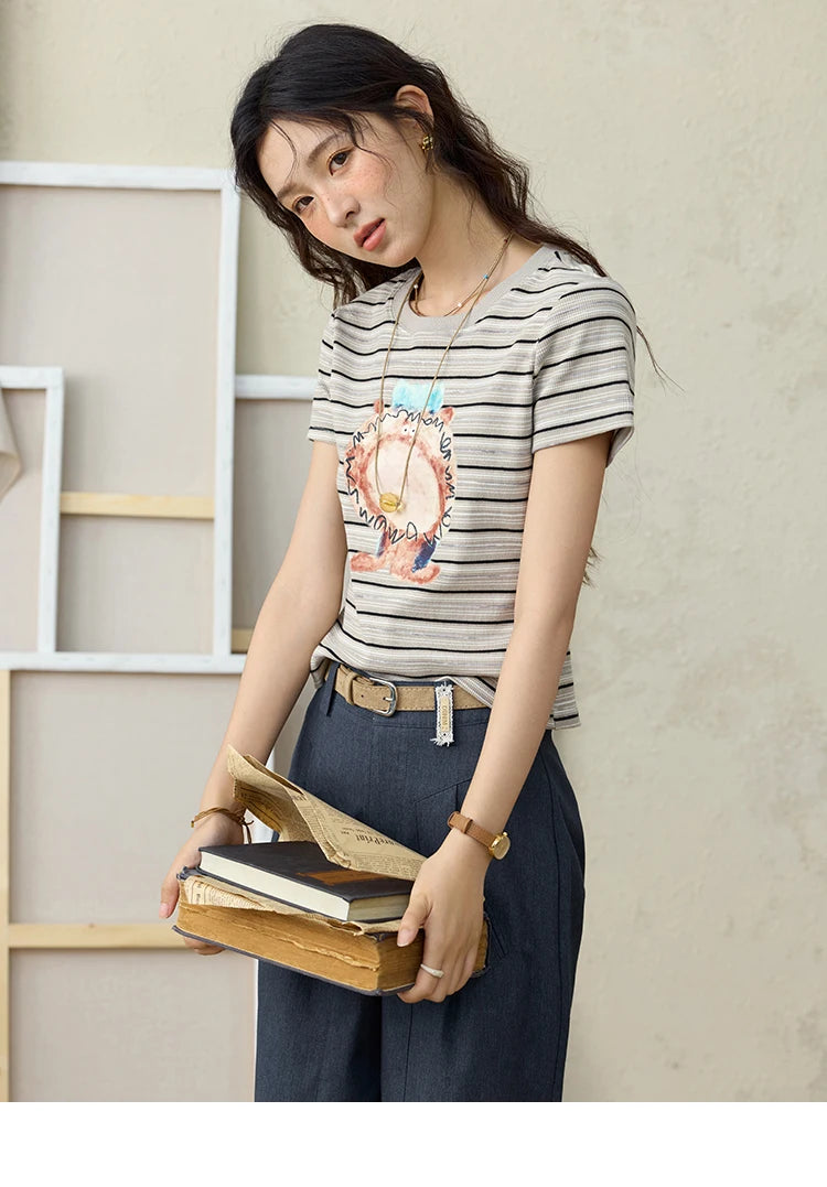 MISHOW Striped Cartoon Pufferfish Printed T-shirt for Women Summer 2025 Slim Shoulders Cotton Tees Short Sleeved Top MXE32T0538