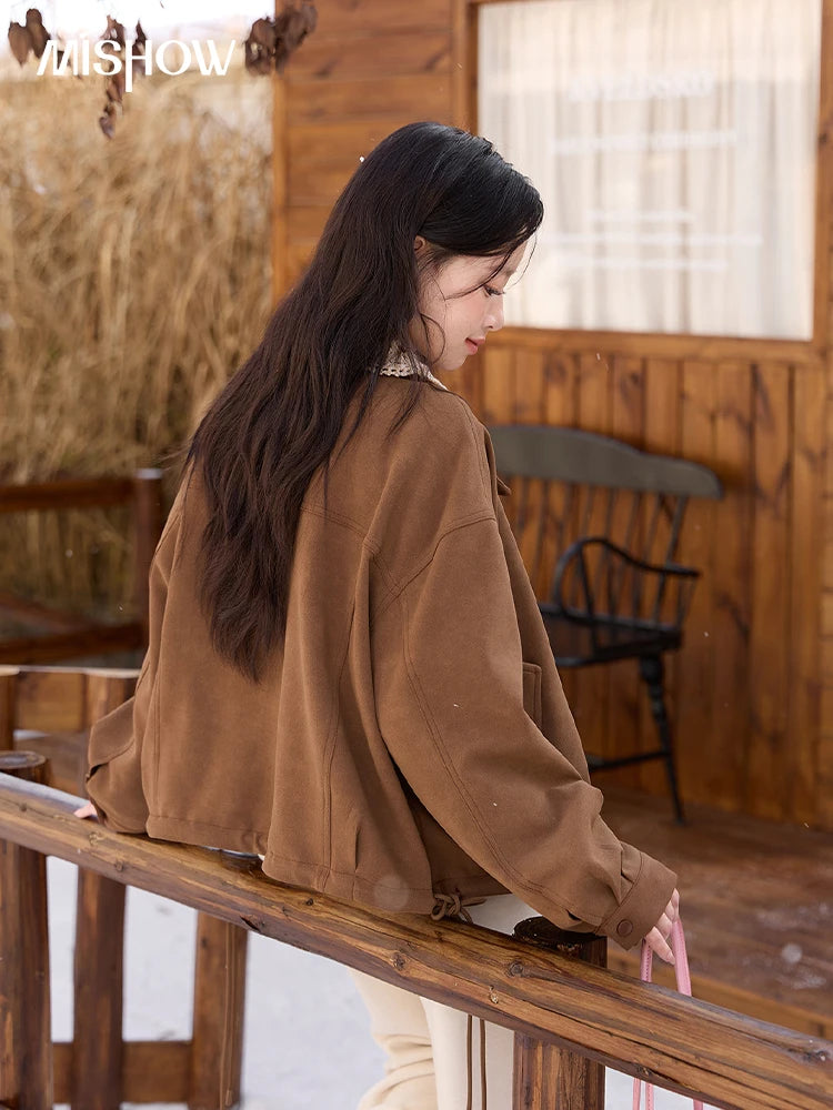 MISHOW Brown Jacket for Women 2025 Autumn Winter Retro Detachable Lace Collar Drawstring Hem Jacket  Women's Clothing MXE45W0846