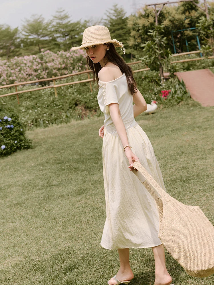 MISHOW Holiday Summer Dresses Women 2025 New Short Sleeve Shell Webbing Oblique Collar Slim Midi Dress Female Fashion MXE31L2189