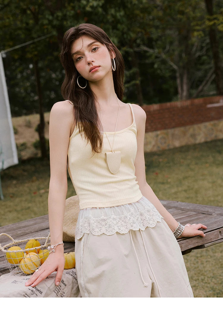 MISHOW Apricot Cargo Pants for Women in Summer 2025 Lace Patchwork Casual Pants Drawstring Elastic Waisted Trousers MXE33K0935