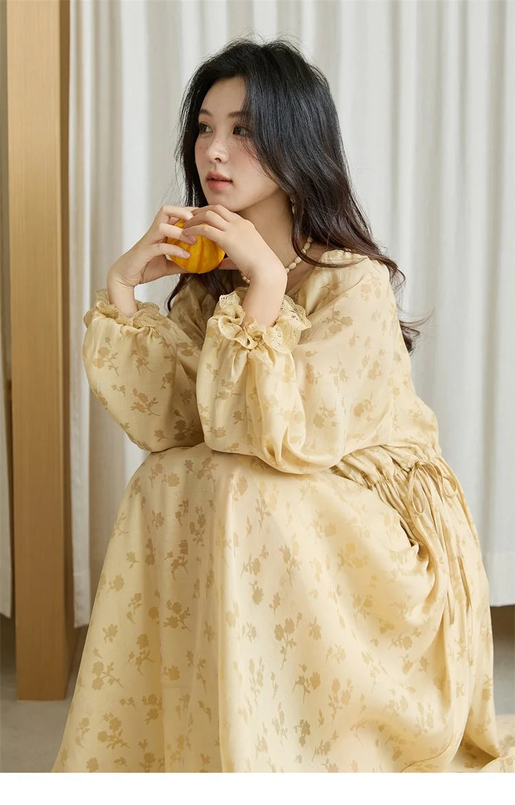 MISHOW Yellow Printing Dress for Woman 2025 Autumn Elegant Lace Lantern Sleeve Waist Slim Long Dress V-neck Dress MXE47L2527