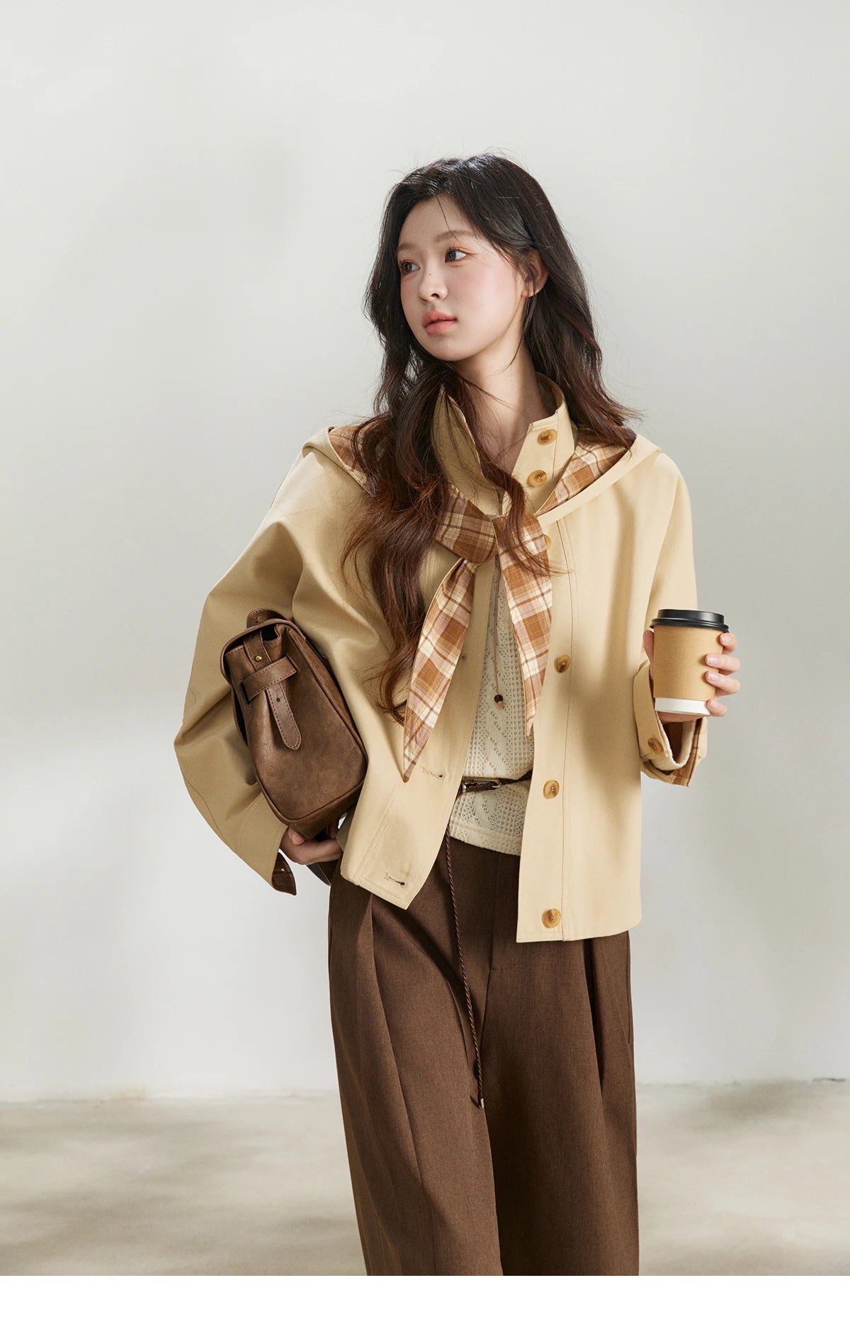 MISHOW Women's Khaki Cropped Trench Coat Spring Lapel Stand Collar Coats Removable Plaid Cap Casual Loose Jacket MXF108W1003