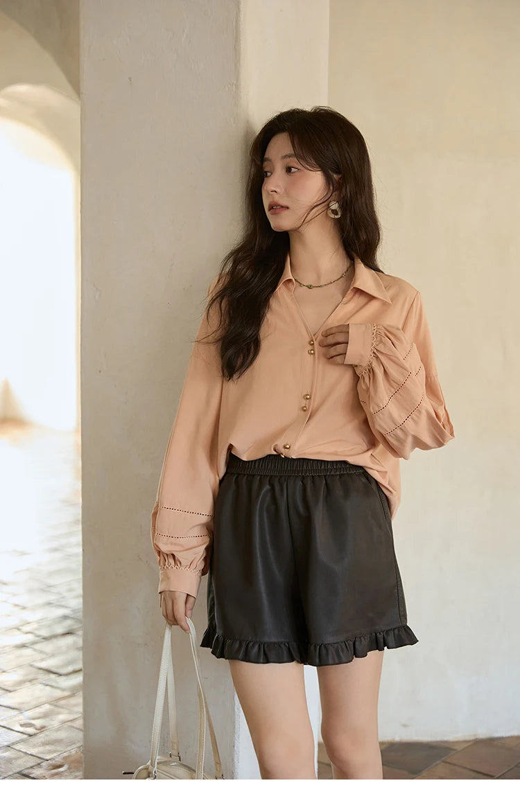 Mishow PU Leather High Waist Ruffle Hem Shorts MXE42K1068