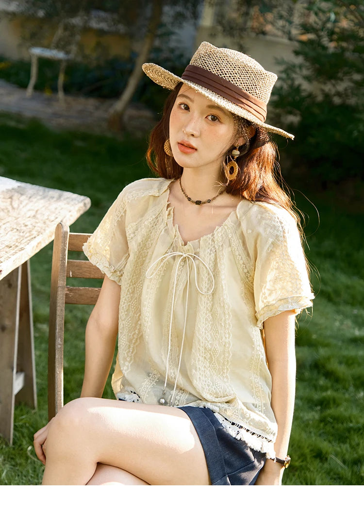 MISHOW Women's Embroidery Jacquard Blouse 2025 Summer New Fashion O-Neck Lace Up Short Sleeve Blouse Female Clothing MXE37X1861