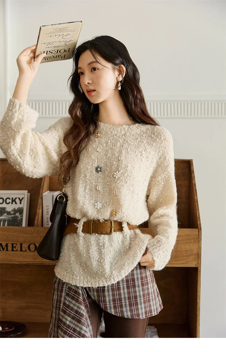 MISHOW Sweater Woman Wool 2025 Autumn New Belt Waist Design Drop Shoulder Sleeves Knit Top Commute Pullover Women MXE46Z2582