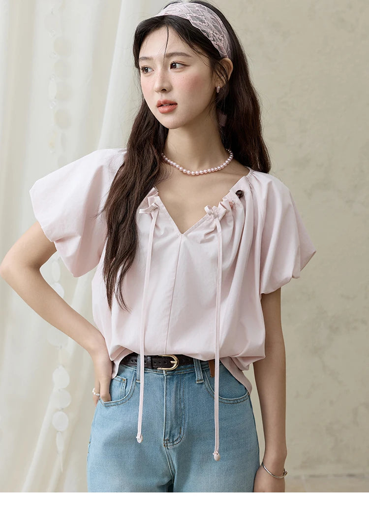 MISHOW Solid French Summer Blouses Woman 2025 New Short Puff Sleeve V-neck Beaded Retro Shirts Women Fashion Tops MXE33X1757