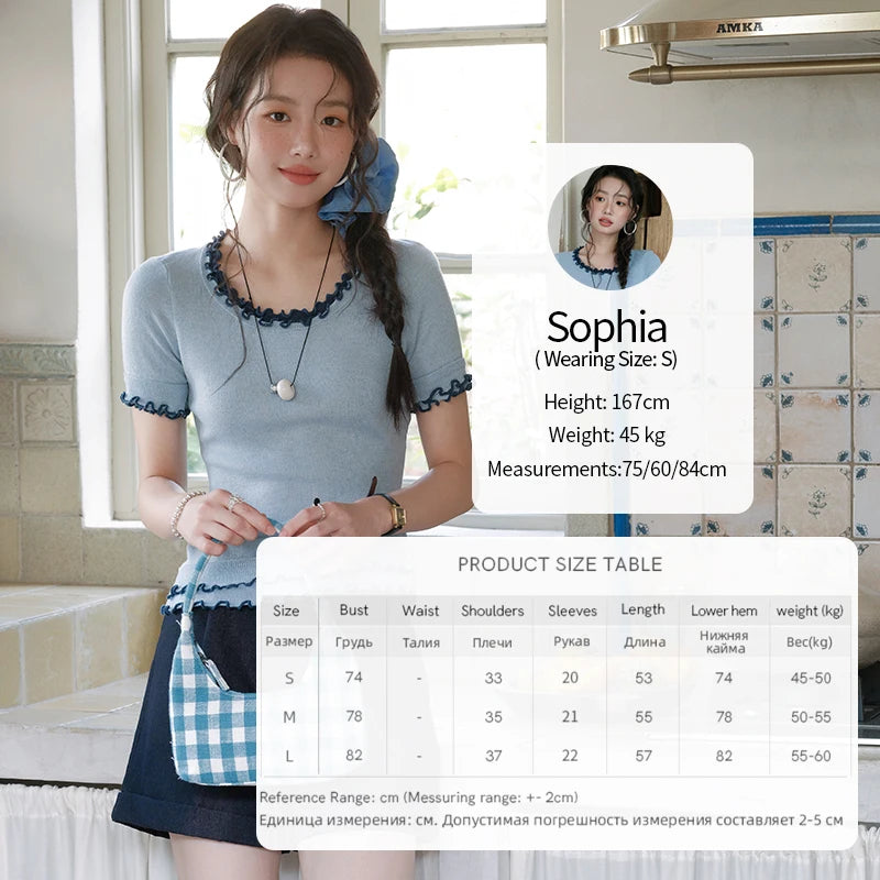 MISHOW Women's Round Neck Knit T-shirt Summer 2025 Fashion Ear Edge Short Top Casual Short Sleeve Tee Female Clothing MXE32Z1233