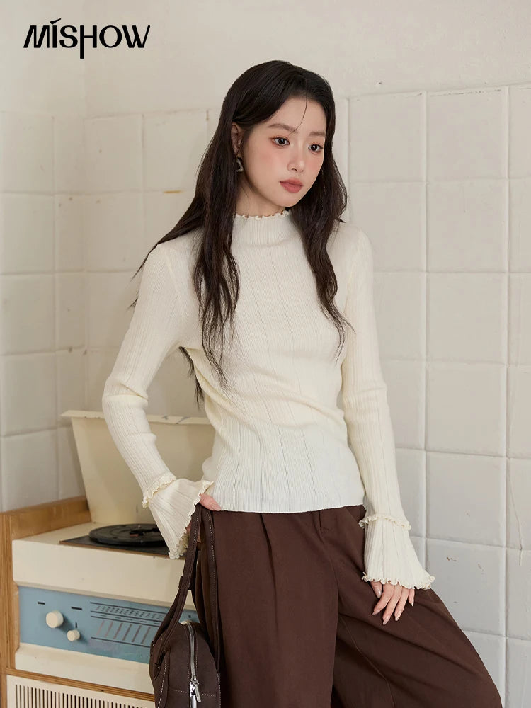 MISHOW Women's Long Sleeve Top 2025 Autumn New Casual Solid Turtleneck Slim Knit Wood Ear Edge Trumpet Sleeve Top MXE51Z2552
