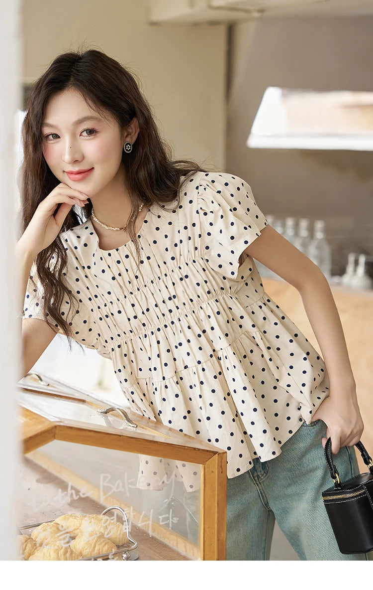 MISHOW Polka Dot Blouses for Women 2025 Summer French Flying Sleeve O Neck Elastic Folds Loose Retro Female Doll Top MXC39X1291