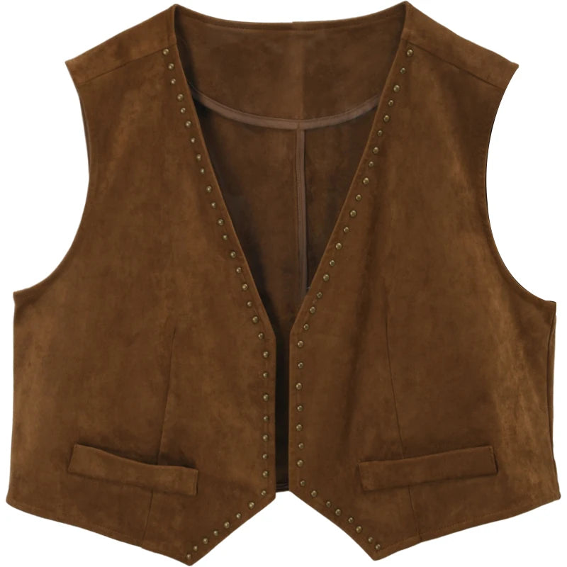 MISHOW Suede Vest Jacket for Women 2025 Autumn French Vintage Sleeveless Thin Vest Coat Rivet Design V-neck Vests MXE46L2518