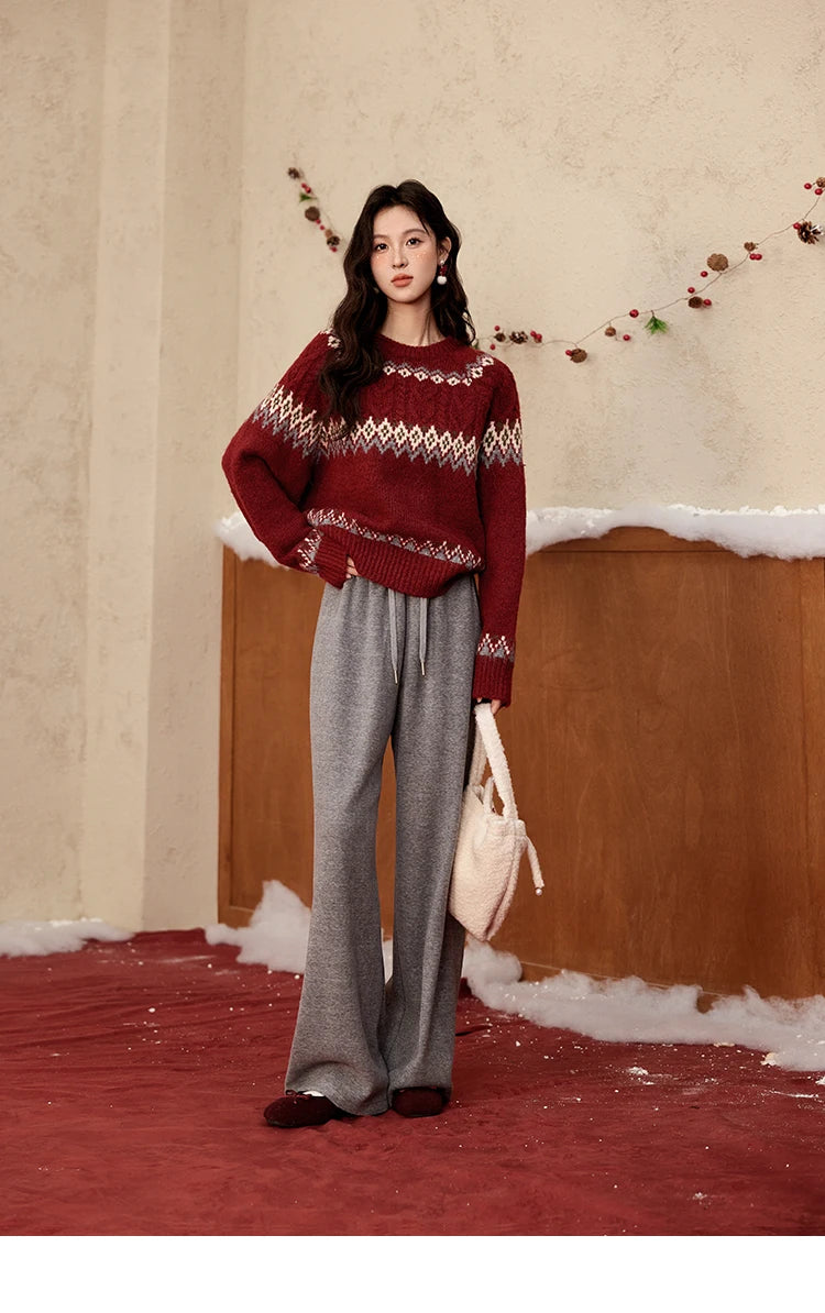 Mishow Red Fair Isle Raglan Sleeve Sweater MXD58Z1035