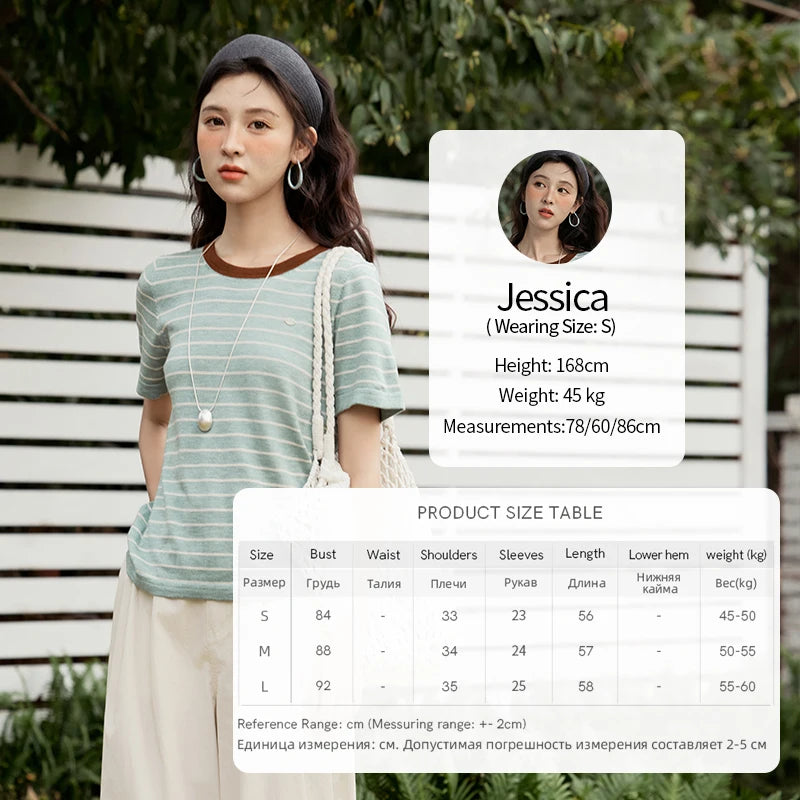 MISHOW Striped Knitted T-shirt for Women Summer 2025 Color Contrasting Round Neck Tees Wool Blended Slim Casual Top MXE35Z1270