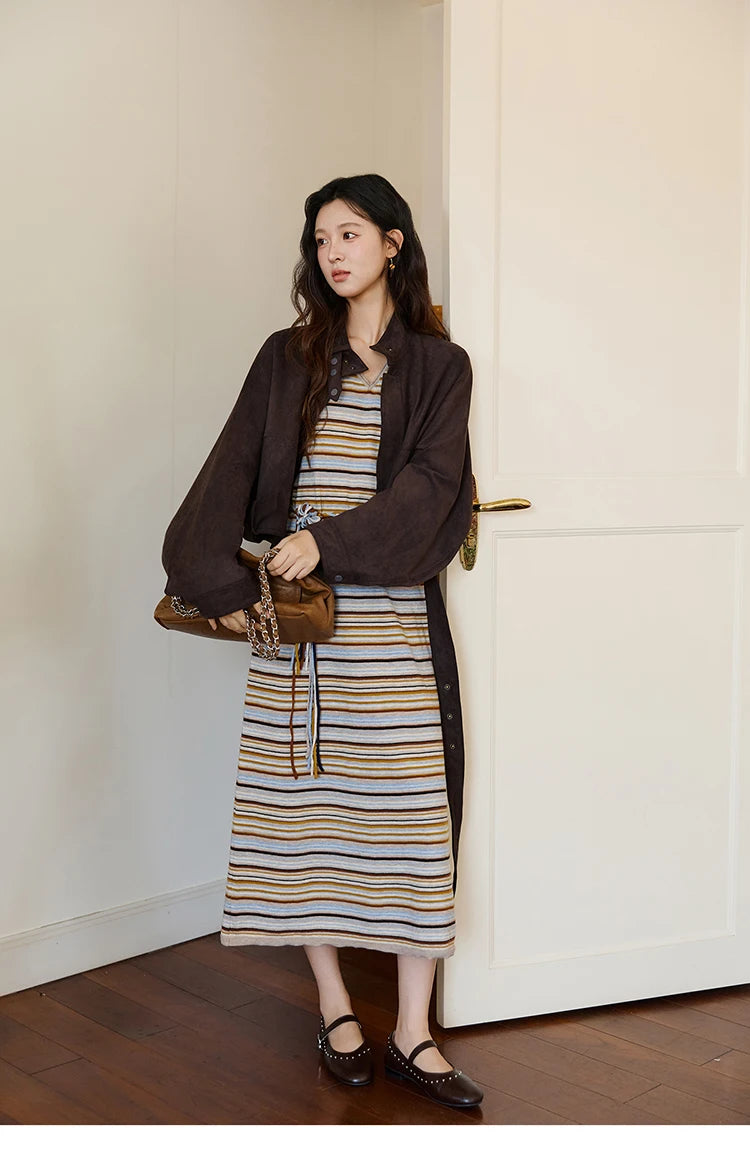 MISHOW Women's Striped V-neck Dress Autumn 2025 Loose Sleeveless Core Spun Yarn Dresses Tied Waist Casual Long Dress MXE46L2521